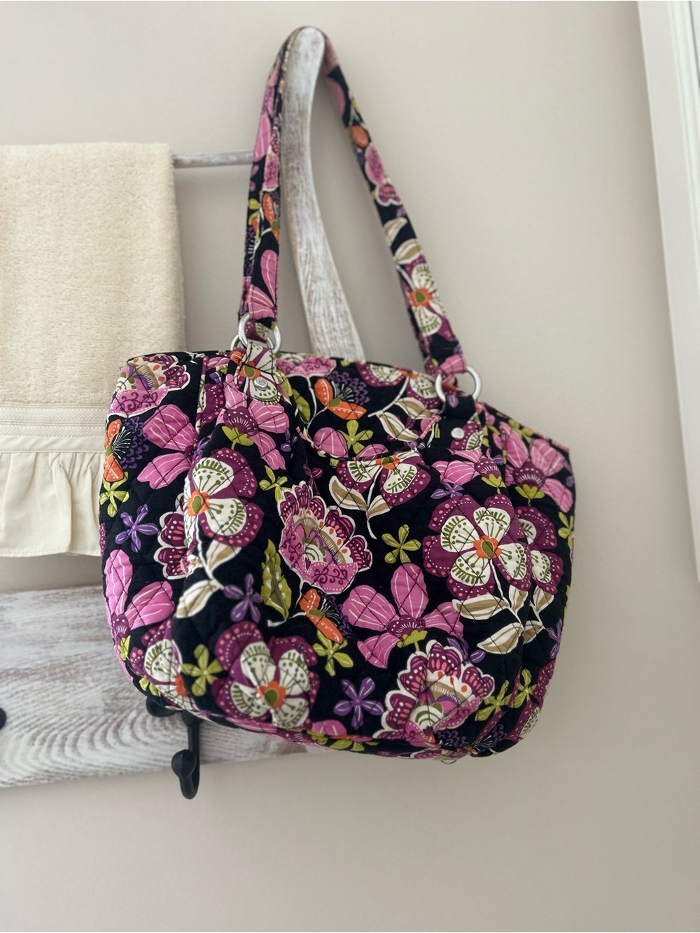 Vera Bradley Black Pink Floral Quilted Tote